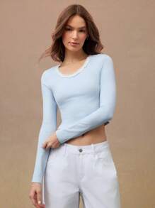 WESTFADE 夏季休闲蕾丝边蝴蝶结前圆领长袖修身 T 恤上衣 女牛仔风 - 淺藍色 - 查看 4