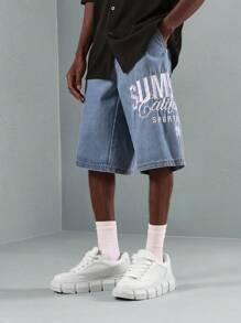 SUMWON Summer Sports Casual Denim Bermuda Shorts With California Embroidered Design, Baggy Fit Street Style Athletic Skater Casual Bottoms