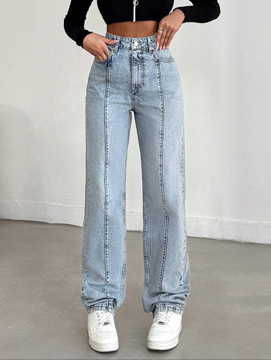 EURMUSE 100%Cotton Solid Color Straight Leg Jeans - Light Wash - View 1