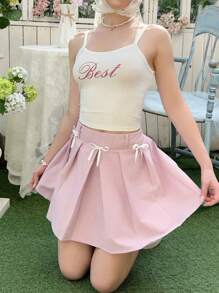 SHEIN Conjunto de 2 piezas de falda mini plisada con decoración de lazo y tirantes, estilo casual y cómodo para adolescentes - Blanco - Ver 4