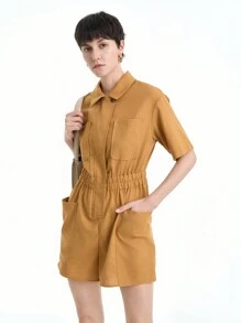 SHEIN Clasi Women Elegant Chic Casual Comfortable Short Sleeve Lapel Open Front Elastic Waist Drawstring One-Piece Jumpsuit With Large Pockets, Solid Color - Yellow - View 3