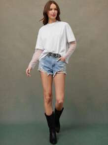 WESTFADE 圆领两件套撞色网眼圆点长袖超大上衣女牛仔风 - 白色 - 查看 3