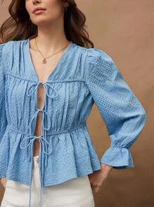 WESTFADE 可爱纹理格纹长款泡泡袖荷叶边系带上衣 90 年代服饰 - 淺藍色 - 查看 5