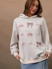 WESTFADE Summer Bow Patterned Graphic Relaxed Long Sleeve Printed Sweatshirt Hoodie For Cowgirl - Baby Pink - View 2
