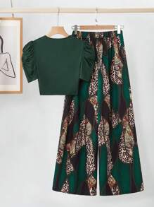 SHEIN Clasi 2pcs Women Geometric Print Crew Neck T-Shirt And Wide Leg Pants Set - Green - View 2