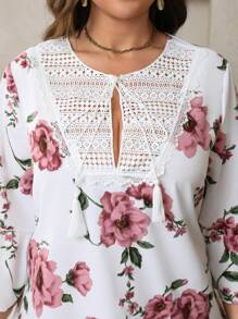 SHEIN LUNE Plus Size V-Neck Floral Print Ruffle Trim Burgundy Casual Summer Dress - White - View 5