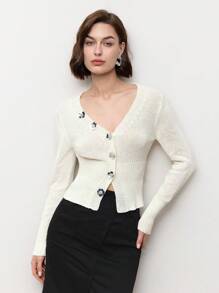 BizChic White Long Sleeve V-Neck Beaded Floral Decor Cardigan For Women, Suitable For Dates, Spring/Summer