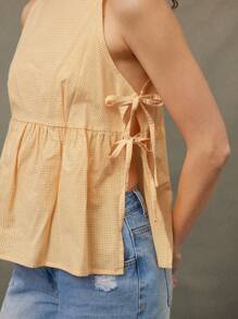 WESTFADE 夏季格子花纹蝴蝶结侧系带无袖 A 字形背心，适合女牛仔 - 黃色 - 查看 2