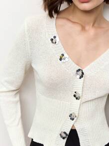 BizChic White Long Sleeve V-Neck Beaded Floral Decor Cardigan For Women, Suitable For Dates, Spring/Summer