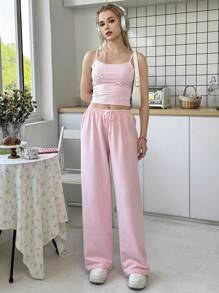 SHEIN Conjunto informal de 2 piezas de camiseta sin tirantes con lazo y pantalones, estilo Y2K para chicas adolescentes, cómodo y ajustado