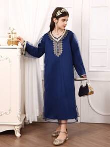 2 件套 Tween Girl 海军蓝网眼披肩和海军蓝长袖连衣裙，配金色饰边，优雅奢华的设计，适合派对、开斋节庆典 - 粉色 - 查看 1