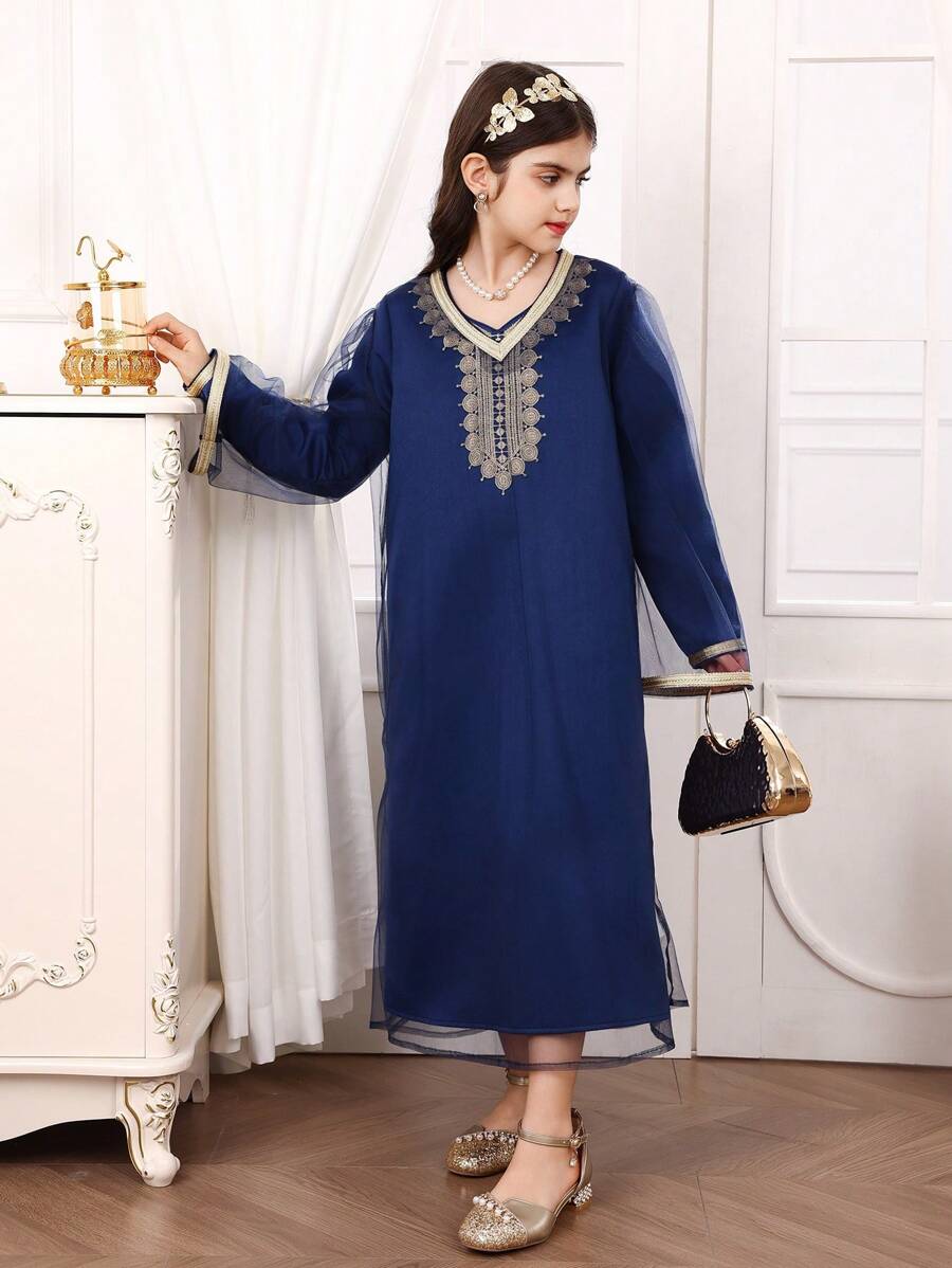 2 件套 Tween Girl 海军蓝网眼披肩和海军蓝长袖连衣裙，配金色饰边，优雅奢华的设计，适合派对、开斋节庆典 - 粉色 - 查看 1