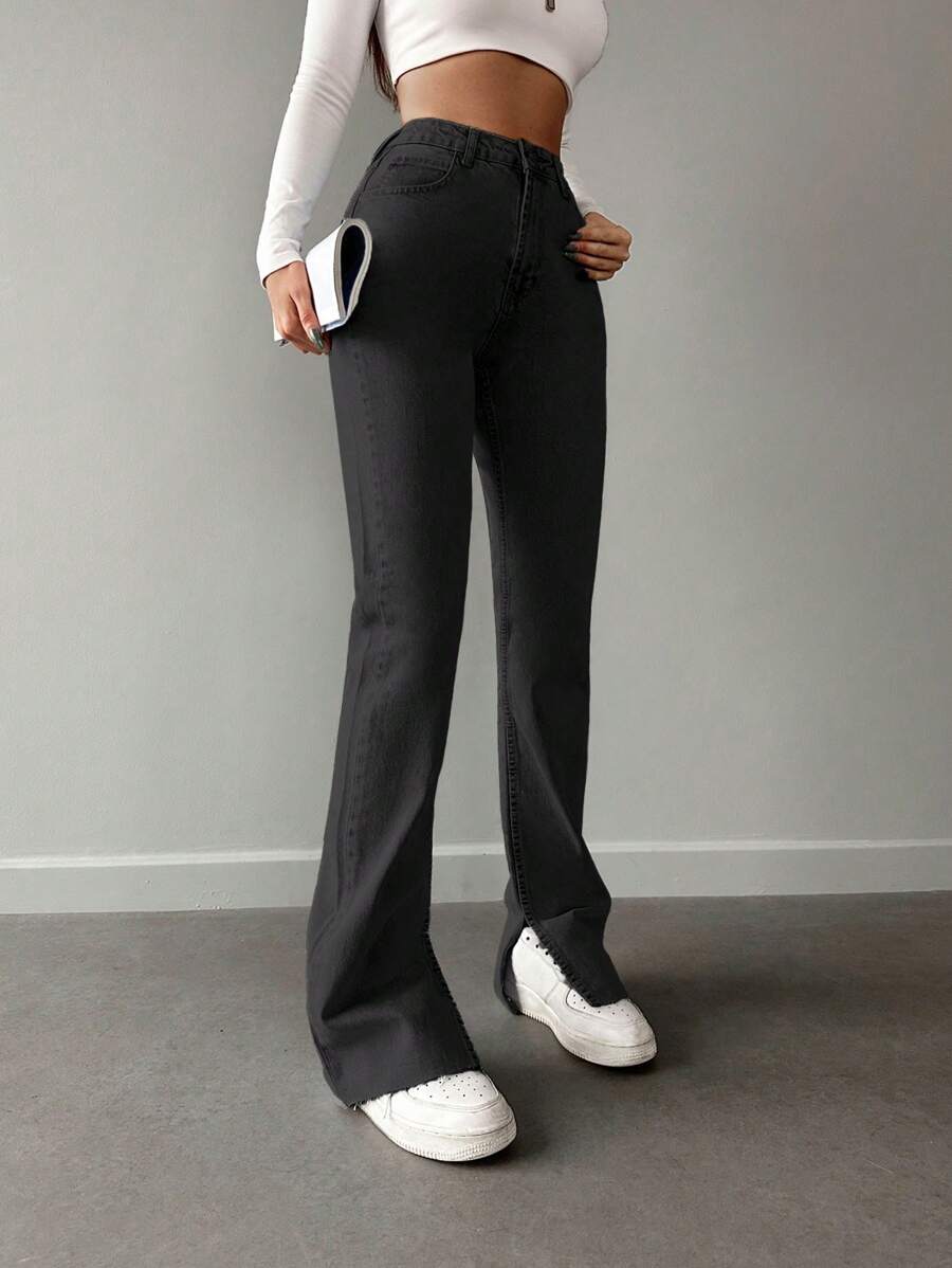 Cottnline High-waisted Split Hem Jeans - Black - View 1