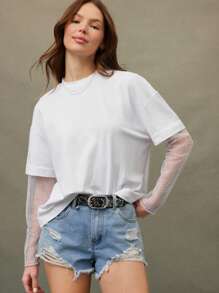 WESTFADE 圆领两件套撞色网眼圆点长袖超大上衣女牛仔风 - 白色 - 查看 1