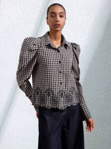 Aveloria Modichic Blusa de mujer de manga larga y botones al frente con diseño bordado, escote en forma de arco y mangas abullonadas en tela a cuadros al estilo francés casual