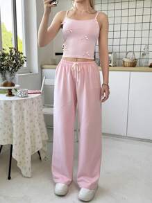 SHEIN Conjunto informal de 2 piezas de camiseta sin tirantes con lazo y pantalones, estilo Y2K para chicas adolescentes, cómodo y ajustado