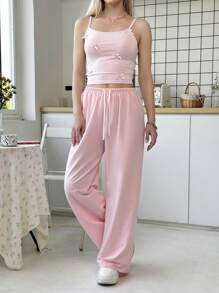 SHEIN Conjunto informal de 2 piezas de camiseta sin tirantes con lazo y pantalones, estilo Y2K para chicas adolescentes, cómodo y ajustado