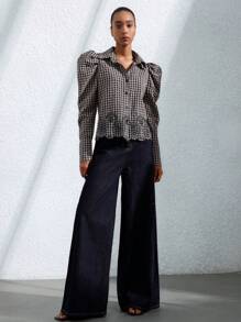 Aveloria Modichic Blusa de mujer de manga larga y botones al frente con diseño bordado, escote en forma de arco y mangas abullonadas en tela a cuadros al estilo francés casual