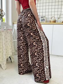 SHEIN Teen Girl Loose Casual Minimalist Comfortable Leopard Print Tie Belt Decorated Bow Casual Pants - Black - View 3