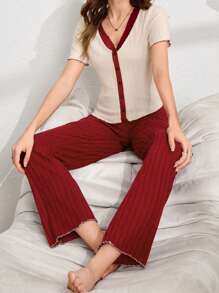 Lazeform Conjunto de pijama informal de mujer con recorte de volantes en contraste de color