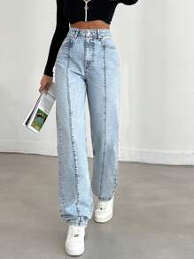EURMUSE 100%Cotton Solid Color Straight Leg Jeans - Light Wash - View 4