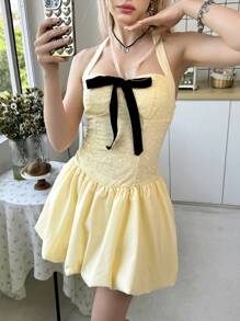 SHEIN Tween 女童修身休闲简约 Y2K 蝴蝶结装饰挂脖拼色连衣裙 - 黃色 - 查看 6
