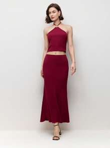 BizChic Red Elegant Women's Halter Long Top And Skirt Set, 2 Pieces, Suitable For Dates In Spring And Summer - Red - View 1
