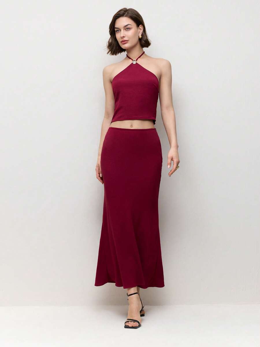 BizChic Red Elegant Women's Halter Long Top And Skirt Set, 2 Pieces, Suitable For Dates In Spring And Summer - Red - View 1
