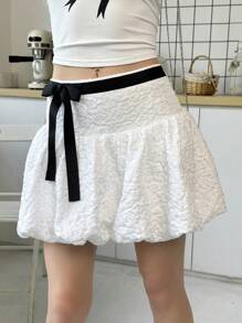 SHEIN 少女提花针织大蝴蝶结撞色白色南瓜裙 - 白色 - 查看 8