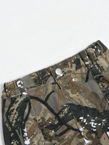 Fusta de denim cu imprimeu camuflat la modă pentru fete, talie elastică confortabilă pentru vară