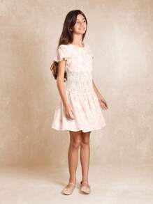 SUMWON Flutter Sleeve Smocked Waist Floral Party Dress Spring Summer Tea Party Special Occasion Midi Above Knee Tween Girls Dress - Multicolor - View 2