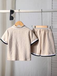 SHEIN 2pcs/Set Young Boys Casual Street Style Polo Collar Contrast Trim Zipper Pullover Top And Shorts Knit Sweater Suit - Khaki - View 2