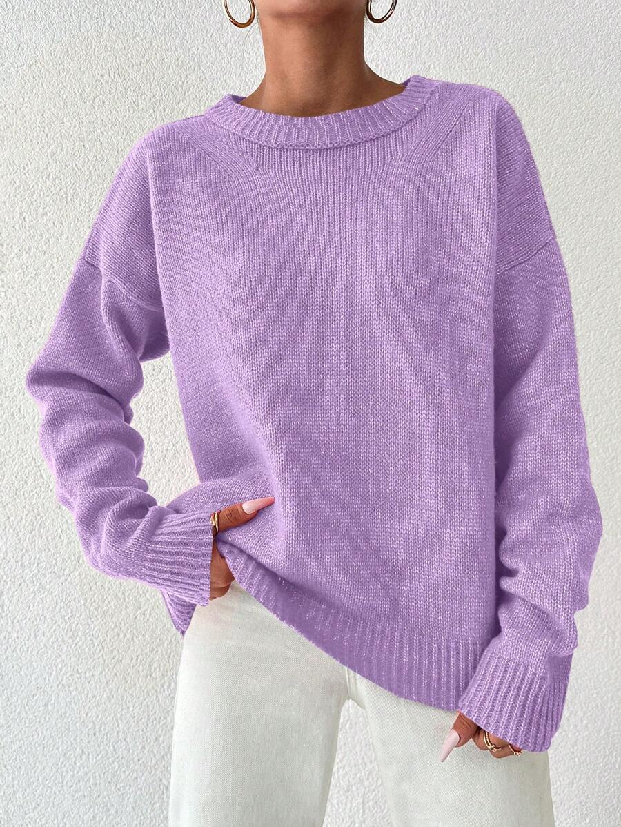 EURMUSE Women's Solid Color Drop Shoulder Sweater - Purple - View 1