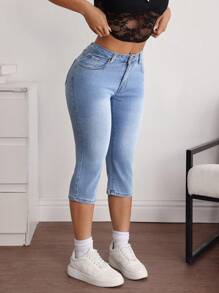 SHEIN EZwear Pantalones vaqueros casuales versátiles de mujer 7/8 con bolsillos, ajustados