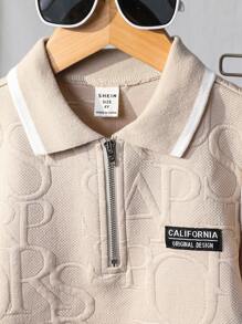 SHEIN 2pcs/Set Young Boys Casual Street Style Polo Collar Contrast Trim Zipper Pullover Top And Shorts Knit Sweater Suit - Khaki - View 4