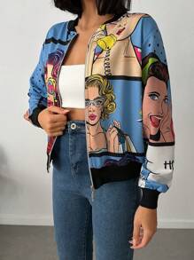 RueChic Women Casual Cartoon Character Long Sleeve Baseball Jacket - Blue - View 3