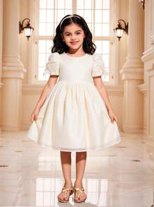 SHEIN Glamorique Kids Young Girl Spring & Summer Elegant Embroidered Mesh Texture Ruffle Sleeve Bow Princess Dress - Apricot - View 1