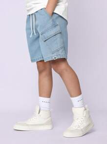 SUMWON Shorts in denim con coulisse di stile atletico, casual estivo con tasche laterali cargo, medio-coscia, in morbida misto cotone, per giovani e adolescenti - celeste - Visualizzare 2