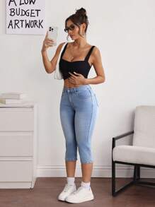 SHEIN EZwear Pantalones vaqueros casuales versátiles de mujer 7/8 con bolsillos, ajustados