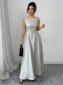 Elenzga Women's Elegant Minimalist Off Shoulder Sleeveless Ruched Side A-Line Dress Suitable For Casual, Commute, Vacation, Spring/Summer - Apricot - View 6