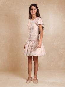 SUMWON Flutter Sleeve Smocked Waist Floral Party Dress Spring Summer Tea Party Special Occasion Midi Above Knee Tween Girls Dress - Multicolor - View 6