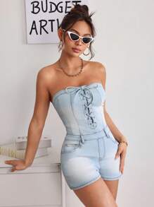 SHEIN EZwear Women's Denim Tie-Up Pockets Casual Camisole Jumpsuit - Blue - View 4