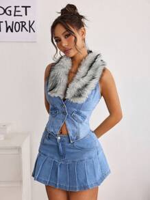 SHEIN EZwear 女士拼布人造毛皮单排扣休闲牛仔背心 - 藍色 - 查看 5