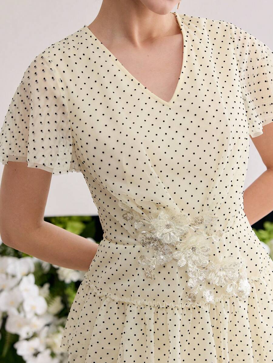 MOTF PREMIUM ELEGANT V-NECK POLKA DOT PRINT 3D FLORAL DECOR MAXI SKIRT - Apricot - View 2