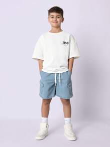 SUMWON Shorts in denim con coulisse di stile atletico, casual estivo con tasche laterali cargo, medio-coscia, in morbida misto cotone, per giovani e adolescenti - celeste - Visualizzare 3