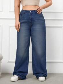 RueChic 100%Cotton Plus Size Belt Details Wide Leg Jeans