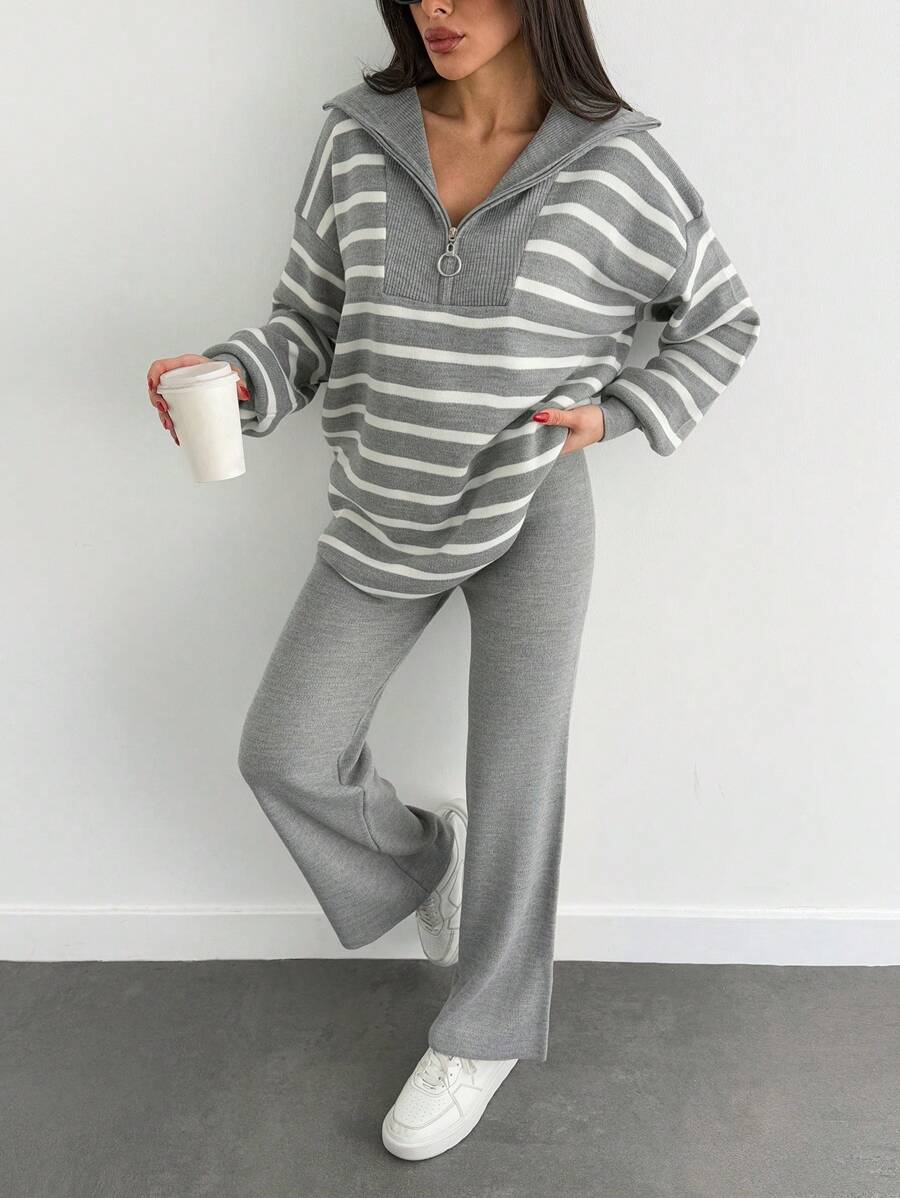 EURMUSE 2pcs Women Striped Print Long Sleeve Pullover Sweater And Solid Color Pants Set - Grey - View 1