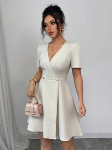 Elenzga Women's Elegant V-Neck Crossover Buttoned A-Line Short Sleeve Mini Dress, Sophisticated & Commute-Friendly, Spring/Summer