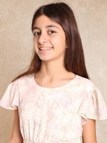 SUMWON Flutter Sleeve Smocked Waist Floral Party Dress Spring Summer Tea Party Special Occasion Midi Above Knee Tween Girls Dress - Multicolor - View 4