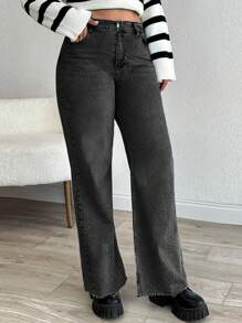 EURMUSE HIGH RISE FRAYED HEM STRAIGHT VUT PLUS SIZE JEAN - Dark Grey - View 3
